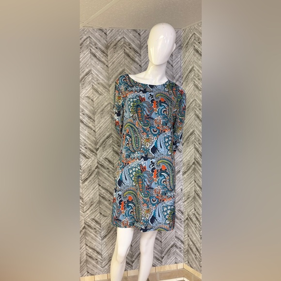 J. Crew Blue and Green, orange geometric, print mini Dress, size 10 - Picture 1 of 9